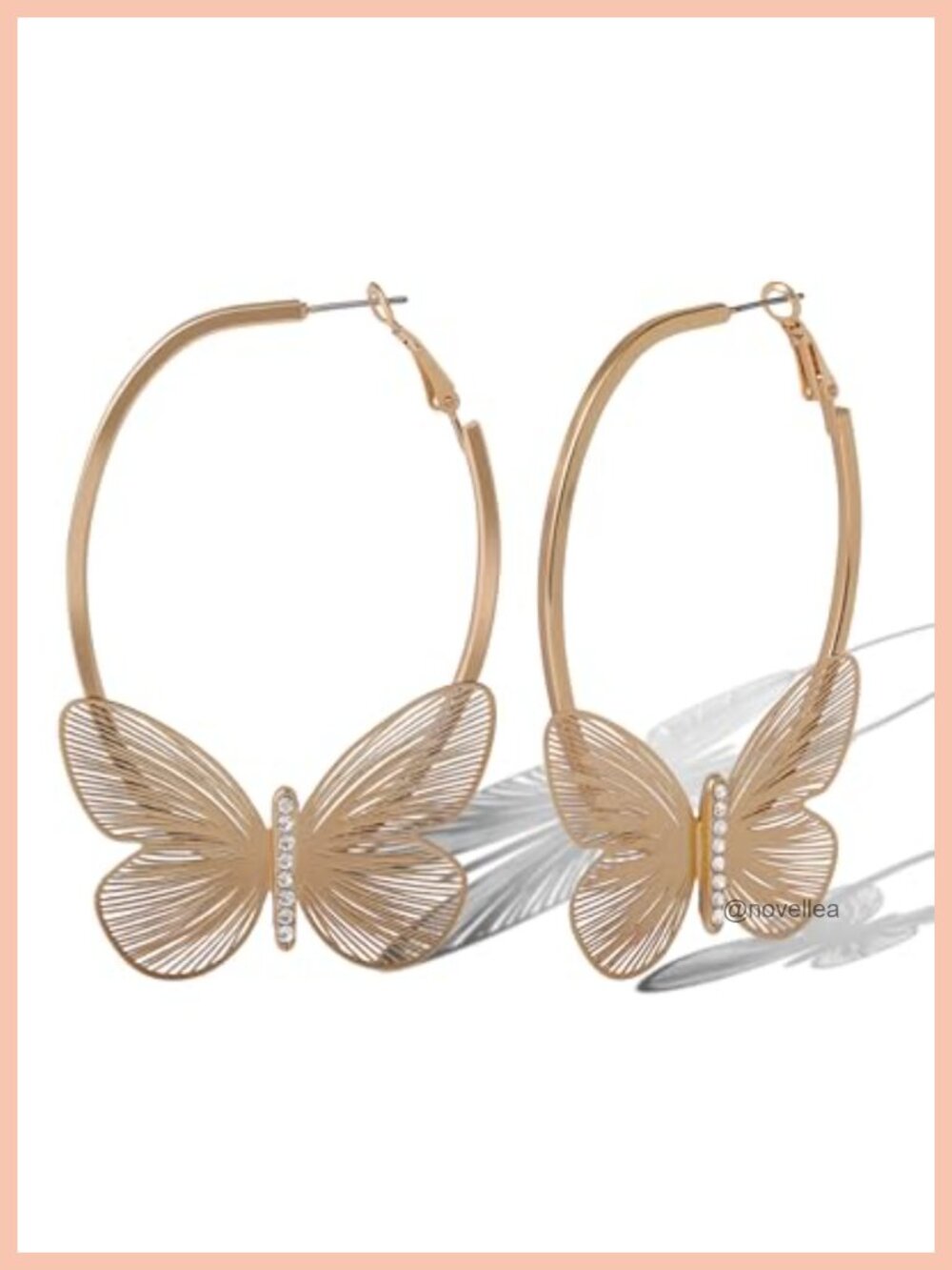 Gold-Tone Hoop Earrings with Butterfly Pendants and Clear Crystals